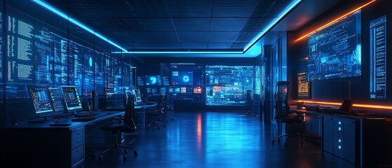 Poster - Futuristic information security lab with sophisticated technology, including intrusion detection systems, realtime threat monitoring, and secure workstations