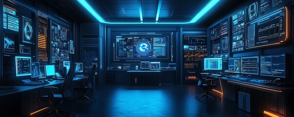 Poster - Futuristic information security lab with sophisticated technology, including intrusion detection systems, realtime threat monitoring, and secure workstations
