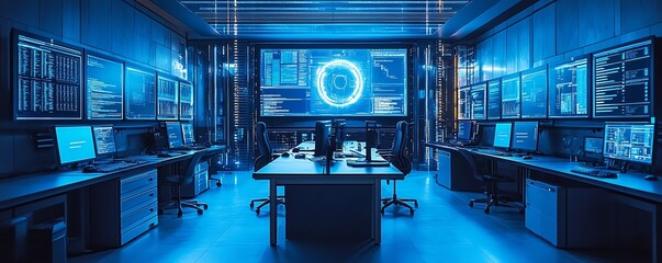 Poster - Futuristic information security lab with sophisticated technology, including intrusion detection systems, realtime threat monitoring, and secure workstations