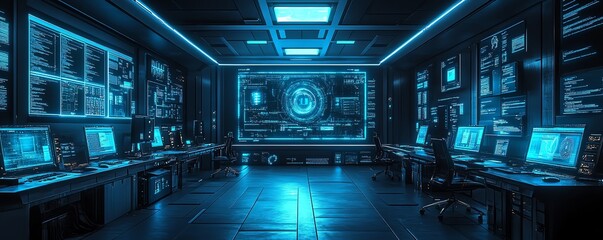 Poster - Futuristic information security lab with sophisticated technology, including intrusion detection systems, realtime threat monitoring, and secure workstations