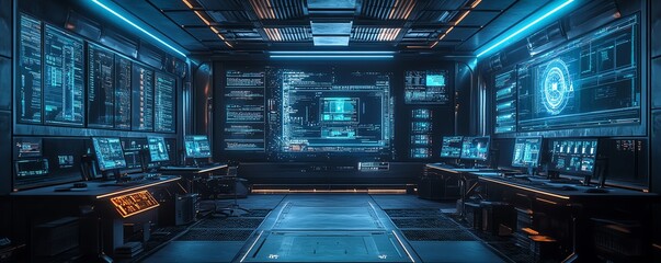 Poster - Futuristic information security lab with sophisticated technology, including intrusion detection systems, realtime threat monitoring, and secure workstations