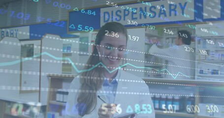 Poster - Animation of financial data processing over caucasian female pharmacist