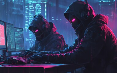 Poster - Highsecurity wireless hacking operation with masked hackers accessing encrypted networks, showcasing advanced signal interception and data extraction