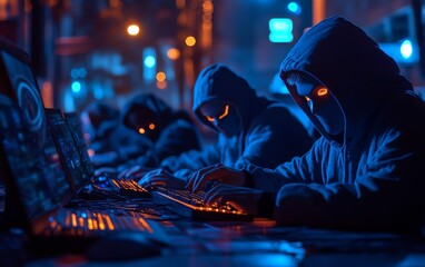 Poster - Highsecurity wireless hacking operation with masked hackers accessing encrypted networks, showcasing advanced signal interception and data extraction