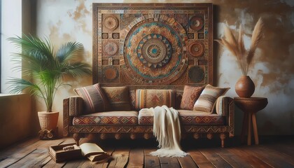 Wall Mural - Eclectic style living room, with rustic sofa and wall with wooden details, created with A.I. generative.