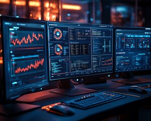 Poster - Hightech information security setup with interactive dashboards, showing threat alerts, firewall configurations, and secure data encryption