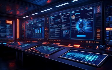 Poster - Hightech information security setup with interactive dashboards, showing threat alerts, firewall configurations, and secure data encryption