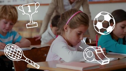 Poster - Animation of school items icons over diverse schoolchildren in classroom