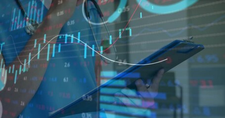 Poster - Animation of financial data processing over caucasian female doctor with clipboard