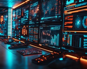Poster - Hightech wireless hacking scene with multiple screens showing intercepted data streams, signal analyzers, and sophisticated hacking tools