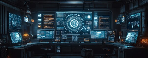 Poster - Intricate data theft setup with multiple monitors displaying breached databases, security alerts, and stolen files in a futuristic lab