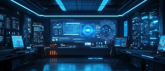 Poster - Network hacking console with interactive data visualization, realtime breach monitoring, and hightech security bypass tools in a futuristic lab