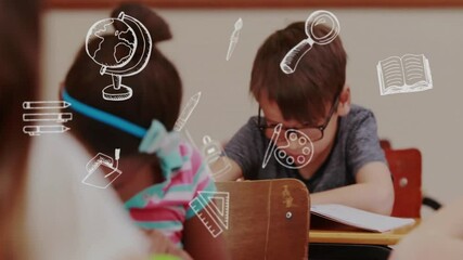 Poster - animation of school items icons over diverse schoolchildren in classroom