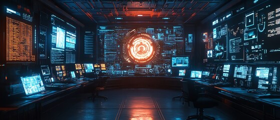 Poster - Network hacking console with interactive data visualization, realtime breach monitoring, and hightech security bypass tools in a futuristic lab