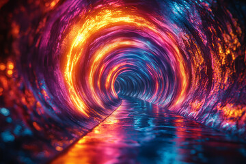 Sticker - A spiraling tunnel with shifting, vivid colors that induce a sense of depth and motion. Concept of immersive visual experiences and hypnotic illusions.