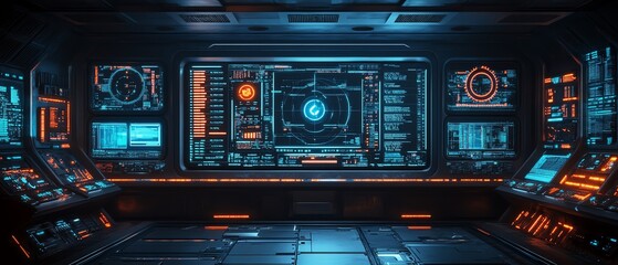 Poster - Network hacking console with interactive data visualization, realtime breach monitoring, and hightech security bypass tools in a futuristic lab