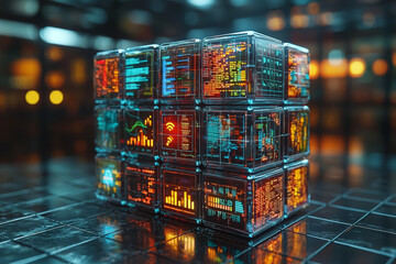 Poster - a set of stacked cubes with each face of the cube displaying different types of data or infographics