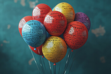 Sticker - A set of floating balloons with each balloon containing a different statistic or fact written on it, drifting upwards. Concept of lighthearted and creative data presentation.