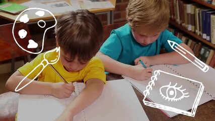 Poster - Animation of school items icons over caucasian schoolboys drawing in classroom