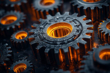 Poster - a set of interlocking gears with each gear displaying a different creative or intellectual concept, 