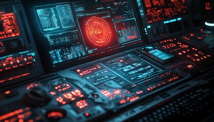 Poster - Closeup of a black hat hacker s workstation, featuring malicious software, realtime data breaches, and sophisticated digital security bypass tools