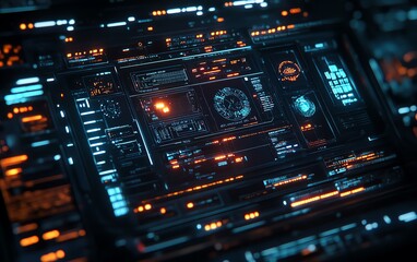 Poster - Closeup of a cyber warfare interface with detailed visualizations of ongoing attacks, defense responses, and encrypted communications in a highsecurity environment