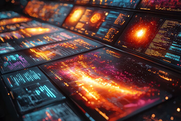 Fototapete - A set of animated postcards that show different pieces of information when flipped or opened. Concept of dynamic and tangible data presentation.