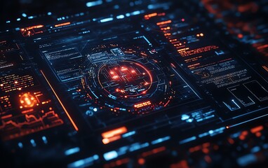 Poster - Closeup of a cyber warfare interface with detailed visualizations of ongoing attacks, defense responses, and encrypted communications in a highsecurity environment