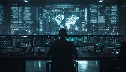 Poster - Cyber warfare scenario with hackers breaching secure systems, data exfiltration, and advanced counterhacking measures in a hightech setting