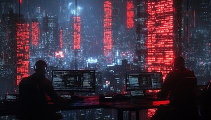 Aufkleber - Cyber warfare scenario with hackers breaching secure systems, data exfiltration, and advanced counterhacking measures in a hightech setting