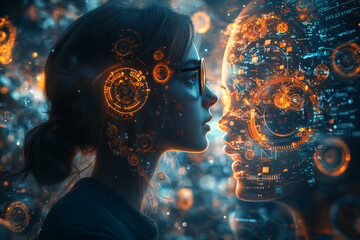 Aufkleber - a person surrounded by floating, glowing gears and cogs, illustrating the inner workings of an inven