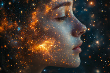 Wall Mural - A person's silhouette filled with constellations and nebulae, indicating the vastness and depth of the mind. Concept of mental expansiveness and exploration.