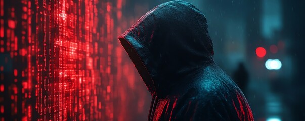 Poster - Dynamic black hat hacking scenario with realtime attacks on secure networks, showcasing unauthorized access, data theft, and sophisticated tools