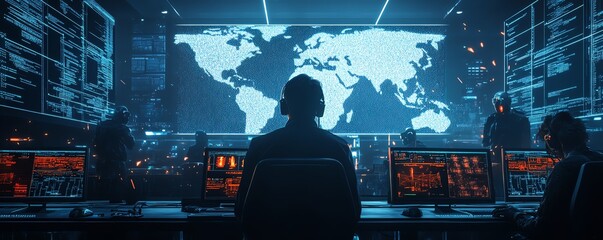 Poster - Dynamic scene of a cyber warfare scenario, with hackers launching digital attacks, countermeasures being deployed, and security breaches being addressed