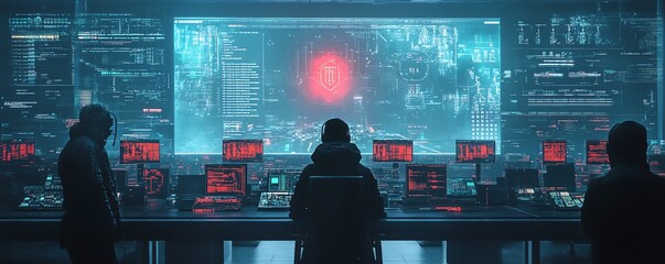 Poster - Dynamic scene of a cyber warfare scenario, with hackers launching digital attacks, countermeasures being deployed, and security breaches being addressed