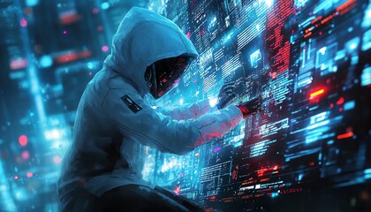 Poster - Dynamic scene of a white hat hacker performing penetration testing, showcasing secure systems, vulnerability assessments, and professional cybersecurity tools