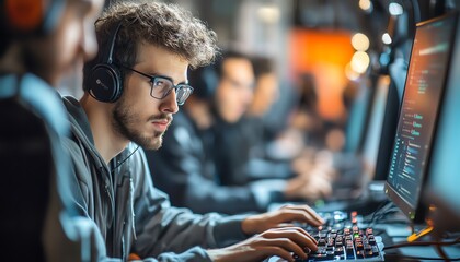 Poster - dynamic scene of ethical hacking training workshop, with participants working on computers, analyzin