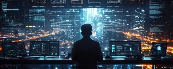 Aufkleber - Futuristic ethical hacking simulation with detailed visualizations of security vulnerabilities, attack vectors, and defensive strategies in a hightech setting