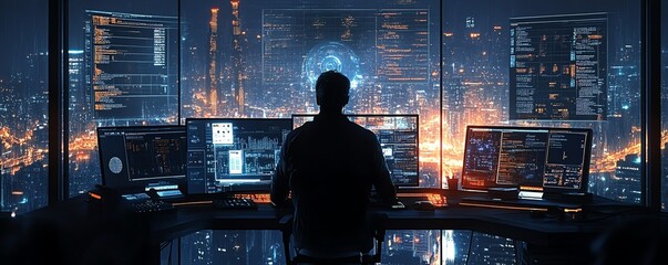 Aufkleber - Futuristic ethical hacking simulation with detailed visualizations of security vulnerabilities, attack vectors, and defensive strategies in a hightech setting