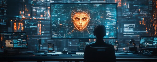 Aufkleber - Futuristic ethical hacking simulation with detailed visualizations of security vulnerabilities, attack vectors, and defensive strategies in a hightech setting
