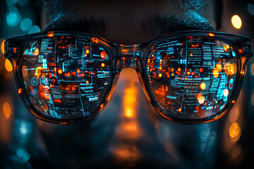 Poster - A pair of glasses with lenses that project different pieces of information when worn, creating a personalized data experience. Concept of augmented reality and information.