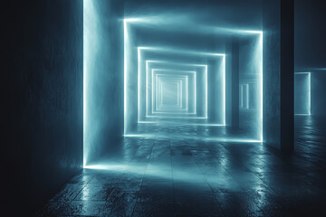 Poster - A light installation where beams of light pulse and weave in hypnotic patterns across a dark room. Concept of optical illusions and immersive visuals.