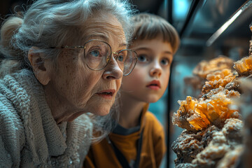 Sticker - A grandmother and her grandchildren exploring a museum exhibit, engaging in learning and discovery. Concept of cultural education and shared experiences.