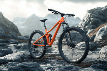 Bright Orange Mountain Bike with Trail Riding Equipment: Ready for Adventure