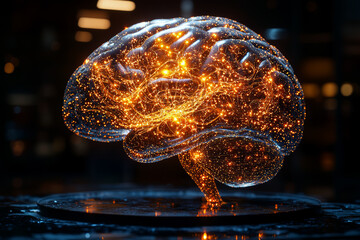 Poster - a detailed brain sculpture with intricate patterns and lights, symbolizing the beauty of complex neu
