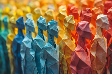 Canvas Print - A colorful origami display where each folded paper figure represents a different statistic or piece of information. Concept of craft and data visualization.