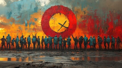 Wall Mural - A group of figures in blue uniforms stand in front of a large, red circle with a yellow cross inside, painted on a wall.