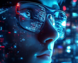 Aufkleber - Futuristic nerd face with sleek glasses, a thoughtful expression, and a hightech environment featuring digital screens, code, and advanced technology