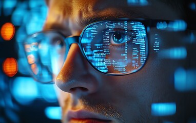 Aufkleber - Futuristic nerd face with sleek glasses, a thoughtful expression, and a hightech environment featuring digital screens, code, and advanced technology