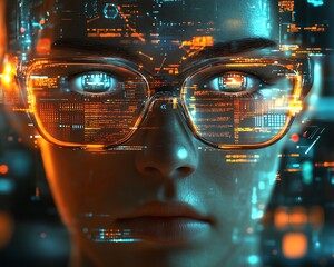 Aufkleber - Futuristic nerd face with sleek glasses, a thoughtful expression, and a hightech environment featuring digital screens, code, and advanced technology